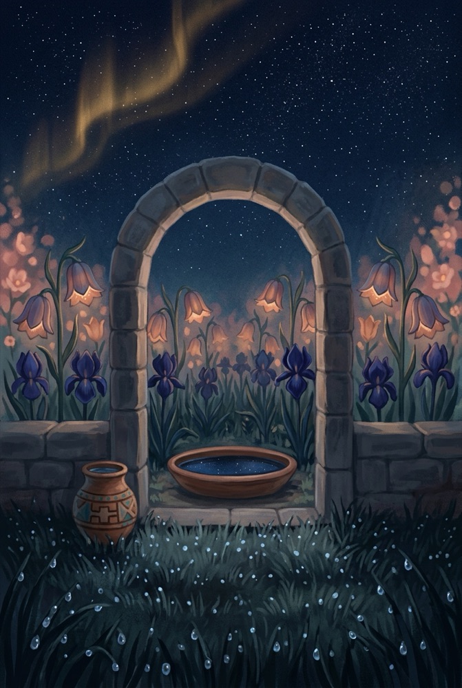 Umay Ana's garden at night — the protector's warmth